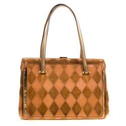 Pre Owned Dolce & Gabbana Peach/Gold Quilted Stitch Leather and Suede Frame Bag 