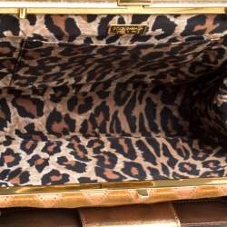 Pre Owned Dolce & Gabbana Peach/Gold Quilted Stitch Leather and Suede Frame Bag 