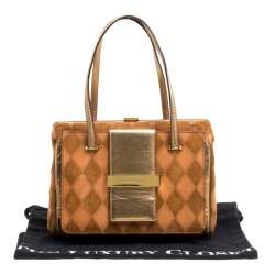 Pre Owned Dolce & Gabbana Peach/Gold Quilted Stitch Leather and Suede Frame Bag 