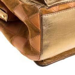 Pre Owned Dolce & Gabbana Peach/Gold Quilted Stitch Leather and Suede Frame Bag 