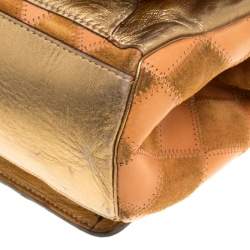 Pre Owned Dolce & Gabbana Peach/Gold Quilted Stitch Leather and Suede Frame Bag 