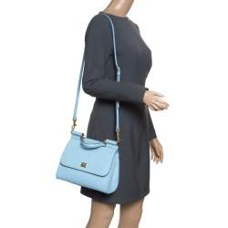 Pre Owned Dolce & Gabbana Baby Blue Leather Medium Miss Sicily Top Handle Bag