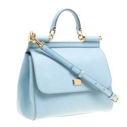 Pre Owned Dolce & Gabbana Baby Blue Leather Medium Miss Sicily Top Handle Bag