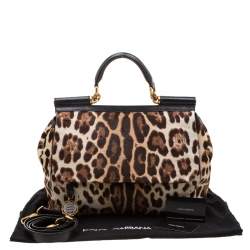 Pre Owned Dolce & Gabbana Beige/Black Leopard Print Calfhair Large Miss Sicily Top Handle Bag
