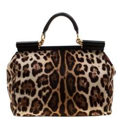 Pre Owned Dolce & Gabbana Beige/Black Leopard Print Calfhair Large Miss Sicily Top Handle Bag