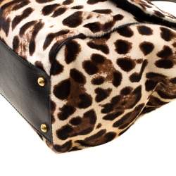 Pre Owned Dolce & Gabbana Beige/Black Leopard Print Calfhair Large Miss Sicily Top Handle Bag