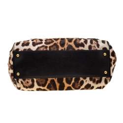 Pre Owned Dolce & Gabbana Beige/Black Leopard Print Calfhair Large Miss Sicily Top Handle Bag