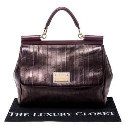 Pre Owned Dolce & Gabbana Metallic Bronze Leather Large Miss Sicily Top Handle Bag