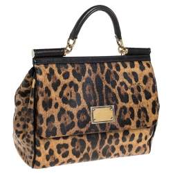 مملوكة مسبقًا حقيبة دولتشي أند غابانا �ميس سيسيلي كبيرة يد علوية كانفاس مقوى مطبوع نقشة الفهد بني 