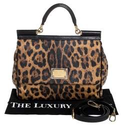 مملوكة مسبقًا حقيبة دولتشي أند غابانا ميس سيسيلي كبيرة يد علوية كانفاس مقوى مطبوع نقشة الفهد بني 