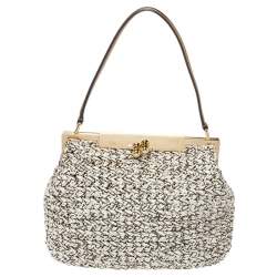 Pre Owned Dolce & Gabbana White/Dark Gold Raffia and Leather Sara Satchel