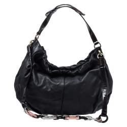 Pre Owned Dolce & Gabbana  Black Leather and Patent Leather Pleated Hobo