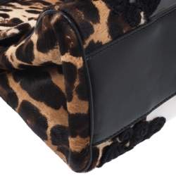 Pre Owned Dolce & Gabbana Black/Brown Leopard Print Calfhair and Lace Transparent Large Miss Sicily Top Handle bag with Pouch