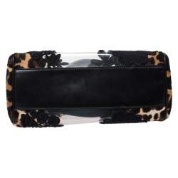 Pre Owned Dolce & Gabbana Black/Brown Leopard Print Calfhair and Lace Transparent Large Miss Sicily Top Handle bag with Pouch