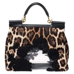 Pre Owned Dolce & Gabbana Black/Brown Leopard Print Calfhair and Lace Transparent Large Miss Sicily Top Handle bag with Pouch