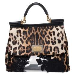 Pre Owned Dolce & Gabbana Black/Brown Leopard Print Calfhair and Lace Transparent Large Miss Sicily Top Handle bag with Pouch