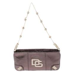 Pre Owned Dolce & Gabbana Metallic Brown Snakeskin Effect Leather Crystal Chain Pochette