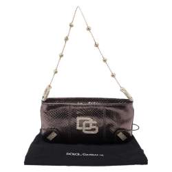 Pre Owned Dolce & Gabbana Metallic Brown Snakeskin Effect Leather Crystal Chain Pochette