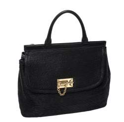 Pre Owned Dolce & Gabbana Black Woven Straw and Leather Miss Sicily Top Handle Bag