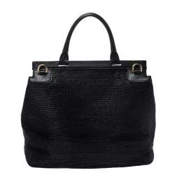 Pre Owned Dolce & Gabbana Black Woven Straw and Leather Miss Sicily Top Handle Bag