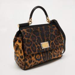 Pre Owned Dolce & Gabbana Black/Brown Leopard Print Coated Canvas and Leather Large Miss Sicily Top Handle Bag