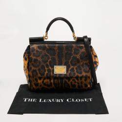 Pre Owned Dolce & Gabbana Black/Brown Leopard Print Coated Canvas and Leather Large Miss Sicily Top Handle Bag