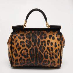 Pre Owned Dolce & Gabbana Black/Brown Leopard Print Coated Canvas and Leather Large Miss Sicily Top Handle Bag