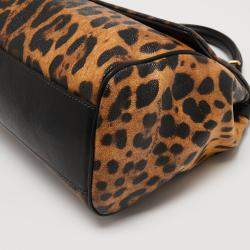 Pre Owned Dolce & Gabbana Black/Brown Leopard Print Coated Canvas and Leather Large Miss Sicily Top Handle Bag