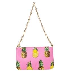 Pre Owned Dolce & Gabbana Pink Pineapple Print Leather Chain Clutch