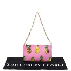 Pre Owned Dolce & Gabbana Pink Pineapple Print Leather Chain Clutch