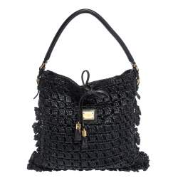 Pre Owned Dolce & Gabbana Black Crochet Straw and Leather Hobo 