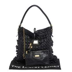 Pre Owned Dolce & Gabbana Black Crochet Straw and Leather Hobo 