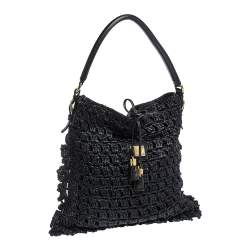 Pre Owned Dolce & Gabbana Black Crochet Straw and Leather Hobo 