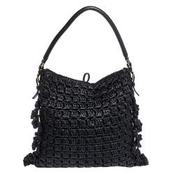 Pre Owned Dolce & Gabbana Black Crochet Straw and Leather Hobo 