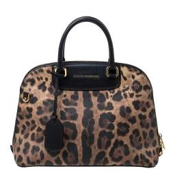 Pre Owned Dolce & Gabbana Black/Brown Leopard Print Coated Canvas and Leather Megan Dome Satchel