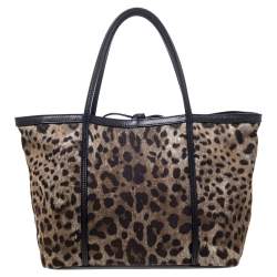 Pre Owned Dolce & Gabbana Brown Leopard Print Canvas and Leather Miss Escape Tote