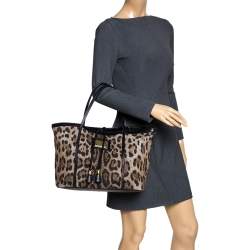 Pre Owned Dolce & Gabbana Brown Leopard Print Canvas and Leather Miss Escape Tote