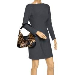 Pre Owned Dolce & Gabbana Black/Brown Leopard Print Velvet and Leather D-Ring Hobo