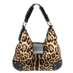 Pre Owned Dolce & Gabbana Black/Brown Leopard Print Velvet and Leather D-Ring Hobo