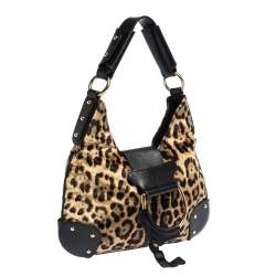 Pre Owned Dolce & Gabbana Black/Brown Leopard Print Velvet and Leather D-Ring Hobo