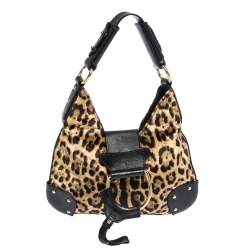 Pre Owned Dolce & Gabbana Black/Brown Leopard Print Velvet and Leather D-Ring Hobo