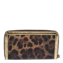 Pre Owned محفظة دولتشي أند غابانا سحاب ملتف جلد لامعة وكانافاس مقوى طباعة فهد سوداء/ بنية