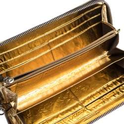 Pre Owned محفظة دولتشي أند غابانا سحاب ملتف جلد لامعة وكانافاس مقوى طباعة فهد سوداء/ بنية