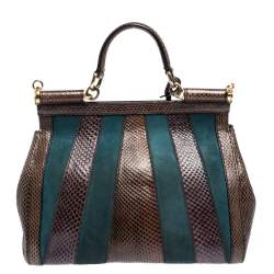 مملوكة مسبقًا Dolce & Gabbana Brown/Teal Striped Suede and Python Medium Miss Sicily Top Handle Bag