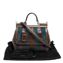 مملوكة مسبقًا Dolce & Gabbana Brown/Teal Striped Suede and Python Medium Miss Sicily Top Handle Bag