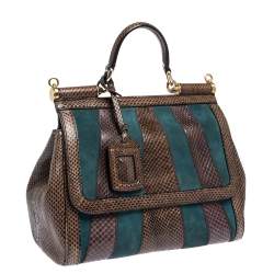 مملوكة مسبقًا Dolce & Gabbana Brown/Teal Striped Suede and Python Medium Miss Sicily Top Handle Bag