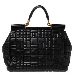 Dolce and Gabbana Black Leather Large Miss Sicily Top Handle Bag