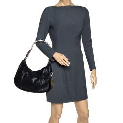 Pre Owned Prada Black Pleated Leather and Lizard Hobo