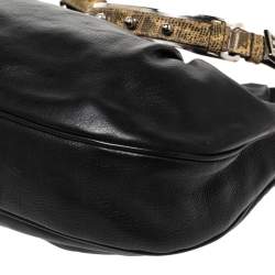 Pre Owned Prada Black Pleated Leather and Lizard Hobo