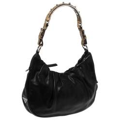 Pre Owned Prada Black Pleated Leather and Lizard Hobo
